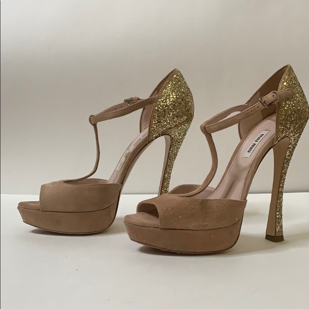 MIU MIU gold glitter nude pumps